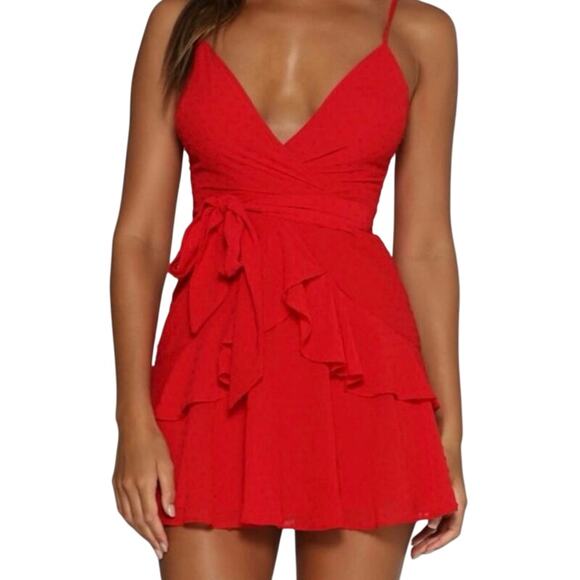 MESHKI Pareesa Red Swiss Dot Ruffle Sash Mini Dress Fairy Fairycore - Sz Small - Picture 1 of 7